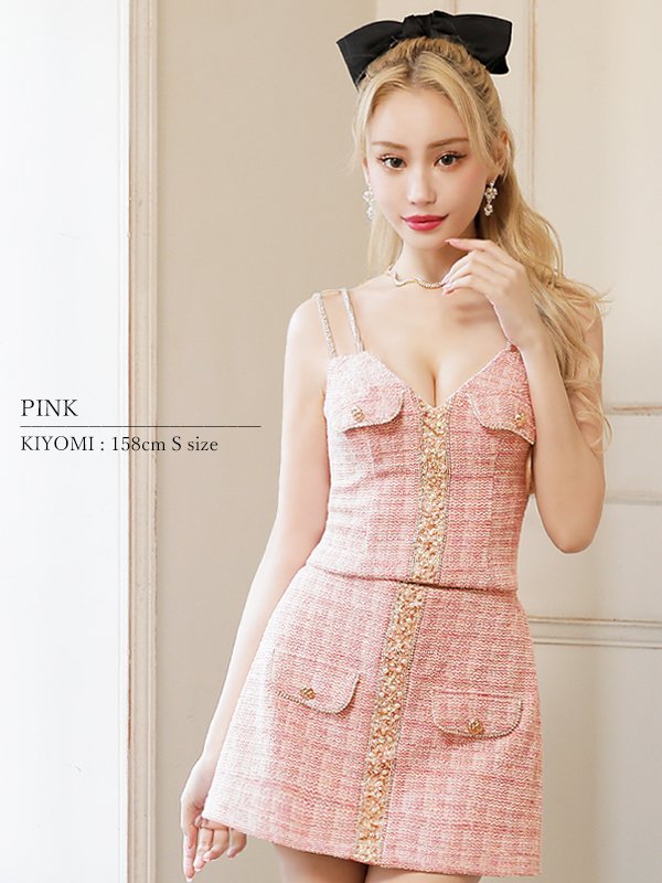 画像4: XSサイズあり【ANGEL R/エンジェルアール】スパンコールパールビジュー/ フラップボタン/ ツイード/ セパレート/ チェック/ マイクロミニ/ セットアップ/ ミニドレス/ キャバドレス[OF2]