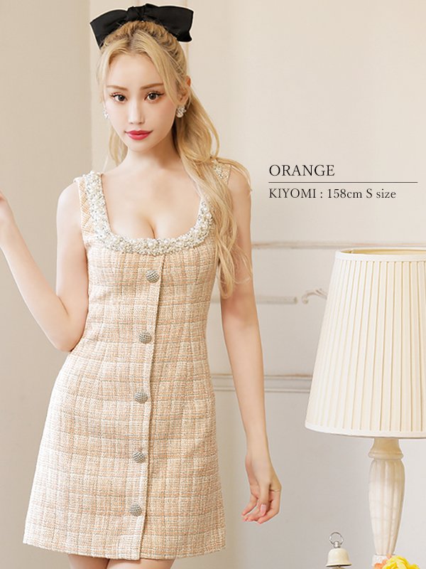 画像18: XSサイズあり【ANGEL R/エンジェルアール】チェックツイード/ バストパールビジュー/ フロントボタン/ フレア/ ミニドレス/ キャバドレス[OF2]