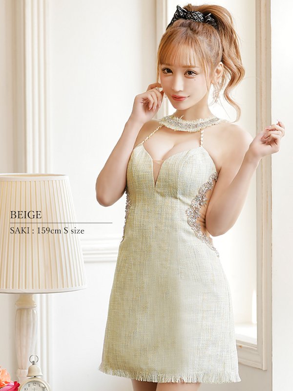 画像4: XSサイズあり【ANGEL R/エンジェルアール】チェックツイード/ デコルテビジューチェーン/ カットオフ/ ホルター/ アメスリ/ フレア/ ミニドレス/ キャバドレス[OF2]