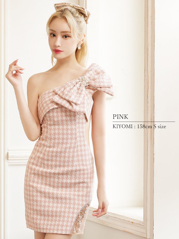 画像40: sugarコラボ商品☆XSサイズあり【ANGEL R/エンジェルアール】ワンショルダー/ 千鳥柄/ ツイード/ ビッグリボンパールビジュー/ タイト/ ミニ/ キャバドレス[OF2]