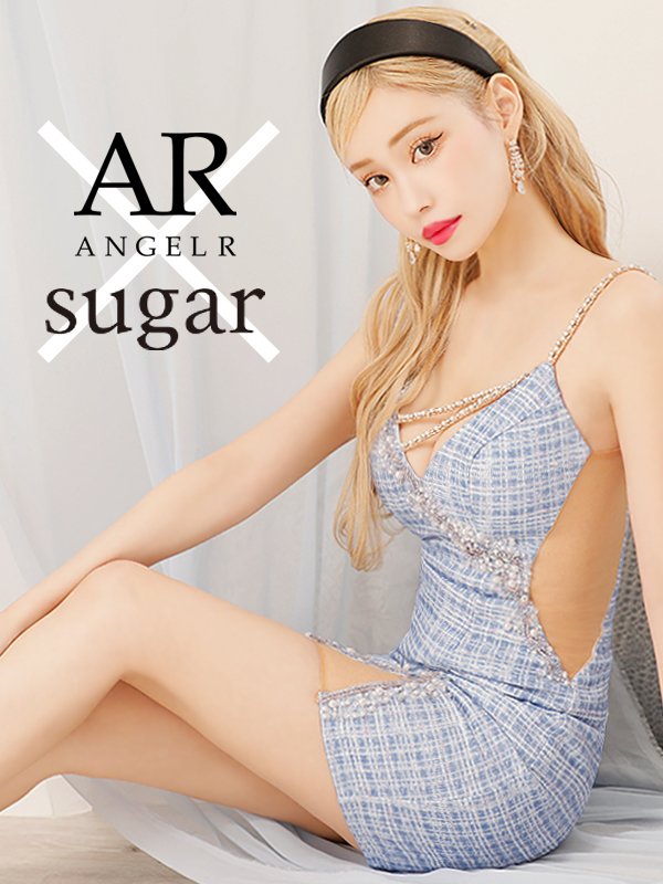 sugarコラボ商品☆XSサイズあり【Angel R/エンジェルアール】フロントパールビジュー/ アシンメトリーショルダー/ チェック/ ツイード/ キャミソール/ タイト/ ミニドレス/ キャバドレス　ブルー