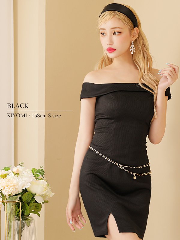 画像6: XSサイズあり【ANGEL R/エンジェルアール】オフショルダー/ チェーンテレコ/ リブニット/ スリットスカート/ タイト/ ミニドレス/ キャバドレス[OF2]