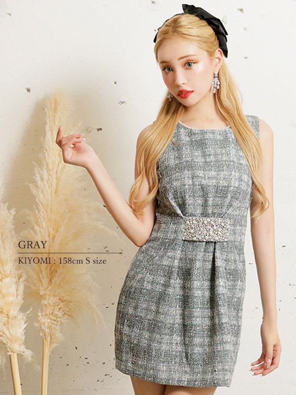 画像4: 【ANGEL R/エンジェルアール】ウエストタック/ ビジュー/ パール/ チェックツイード/ フレア/ ミニドレス/ キャバドレス[OF2]