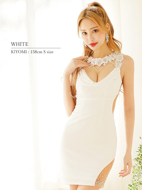 画像5: XSサイズあり【ANGEL R/エンジェルアール】デコルテフラワーレース/ パールチェーンチャーム/ ドレープ/ タイト/ ミニドレス/ キャバドレス[OF2]