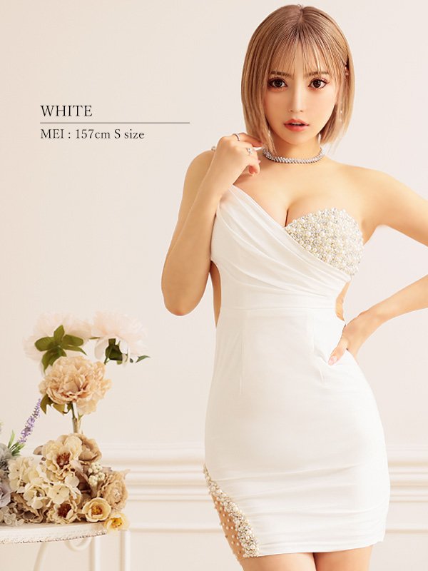 XSサイズあり【Angel R/エンジェルアール】 アシンメトリー/ ビジュー/ パール/ ドレープ/ ワンショルダー/ タイト/ ミニドレス/ キャバドレス ホワイト