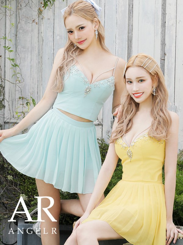 XSサイズあり【Angel R/エンジェルアール】バストストーンビジュー/ セパレート/ キャミソール/ セットアップ/ プリーツシフォンスカート/ フレア/ マイクロミニ/ ミニドレス/ キャバドレス サックス