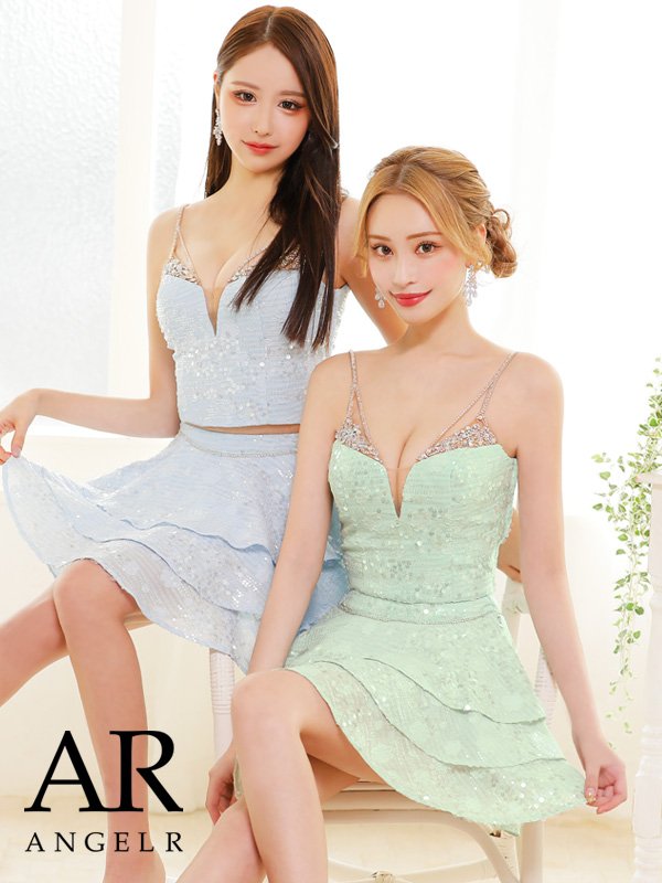 画像2: XSサイズあり【ANGEL R/エンジェルアール】セットアップ/ バストビジュー/ スパンコール/ ファブリックフリル/ フレア/ マイクロミニドレス/ キャバドレス[OF2]