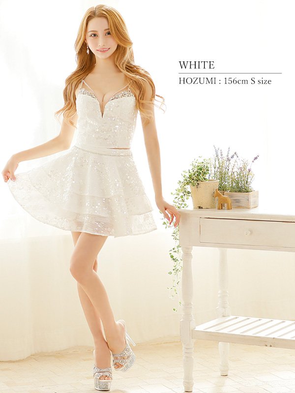 画像5: XSサイズあり【ANGEL R/エンジェルアール】セットアップ/ バストビジュー/ スパンコール/ ファブリックフリル/ フレア/ マイクロミニドレス/ キャバドレス[OF2]