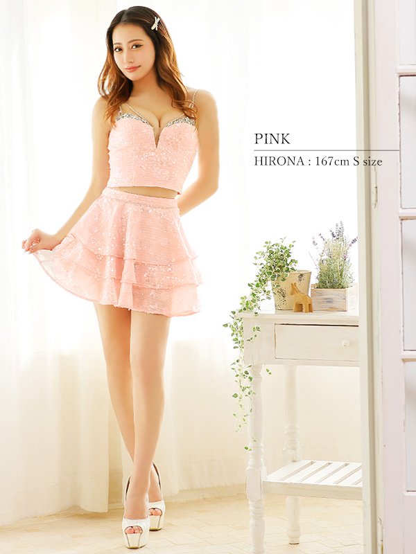 画像7: XSサイズあり【ANGEL R/エンジェルアール】セットアップ/ バストビジュー/ スパンコール/ ファブリックフリル/ フレア/ マイクロミニドレス/ キャバドレス[OF2]