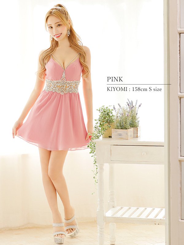 画像6: XSサイズあり【ANGEL R/エンジェルアール】ウエストパール/ ビジュー/ キャミソール/ シフォン/ フレア/ ミニドレス/ キャバドレス[OF2]