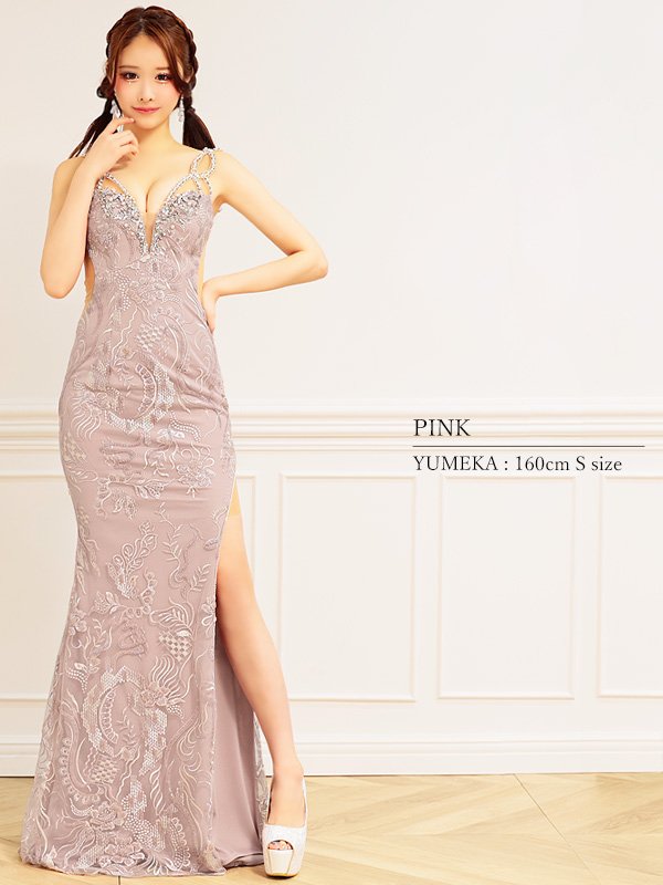 画像5: 【ANGEL R/エンジェルアール】スパンコール/ フラワービジュー/ Vカットメッシュ/ キャミソール/ スリット/ タイト/ ロングドレス/ キャバドレス long[OF2]