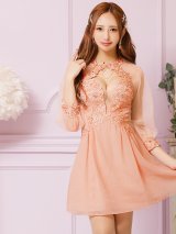 XSサイズあり【ANGEL R/エンジェルアール】フラワーレース/ ビジュー/ シフォン/ ロングスリーブ/ フレア/ミニドレス/ キャバドレス[OF2]