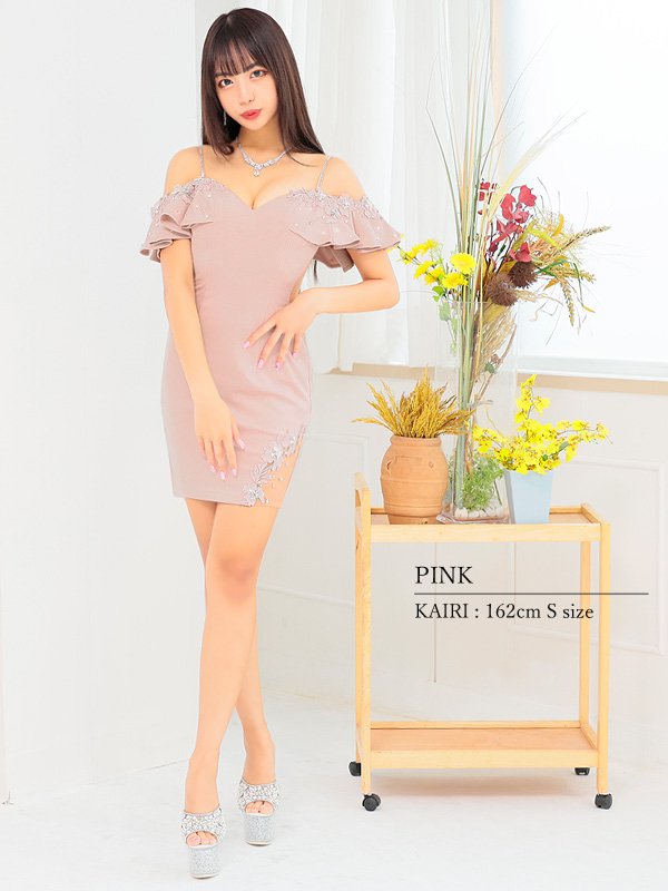 画像6: XSサイズあり【ANGEL R/エンジェルアール】フリルショルダー/ フラワーレース/ オフショル/ ビジュー/ ワンカラー/ タイト/ ミニドレス/ キャバドレス[OF2]