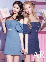 【予約商品/5月上旬-5月中旬発送予定】XSサイズあり【ANGEL R/エンジェルアール】デニムデザイン/ オフショルダー/ パフスリーブ/ ウエストカット/ ボタン/ チェーンショルダー/ マイクロミニ/ フレア/ ミニドレス/ キャバドレス[OF2]