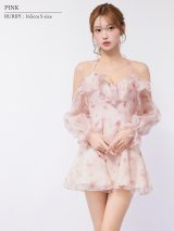 【予約商品/1月上旬-1月中旬発送予定】XSサイズあり【ANGEL R/エンジェルアール】オフショルダー/ シフォン/ パフスリーブ/ 花柄/ フレア/ マイクロミニドレス/ キャバドレス[OF2]