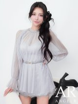 【予約商品/7月中旬-7月下旬発送予定】XSサイズあり【ANGEL R/エンジェルアール】プリーツチュール/ ネックビジュー/ シフォン/ ベルト/ ロングスリーブ/ レース/ フレア/ マイクロミニドレス/ キャバドレス[OF2]