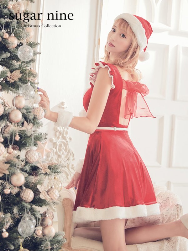 画像1: 【即日発送】【sugar nine サンタコス 5点セット】【S〜Lサイズ/1カラー】バックリボンシアーレースフレアサンタコスプレ[YMT]