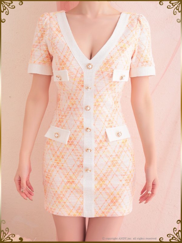 画像5: 【An to you/アントューユー】 ストレッチツイード/ 半袖/ 袖あり/ Vネック/ タイト/ ミニドレス/ キャバドレス[OF05]