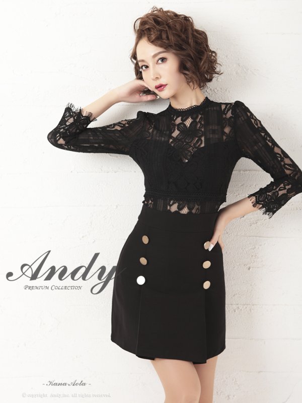 画像1: 【Andy ANDY Fashion Press 09 COLLECTION 05】フラワーレース/ ゴールドボタンデザイン/ 七分袖/ 長袖/ 袖あり/ プリーツ/ ミニドレス/ キャバドレス[OF05]