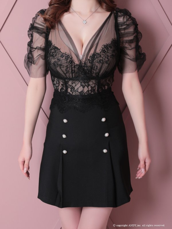画像5: 【an/アン】パフスリーブ/ 半袖/ 袖あり/ バックリボン/ ボックスプリーツ/ チュール/ レース切り替え/ ランジェリーライク/ フレア/ ミニドレス/ キャバドレス[OF05]