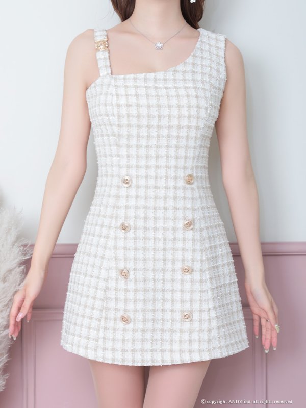 画像46: 【an/アン】チェック/ ツイード/ ボタンデザイン/ ノースリーブ/ アシンメトリー/ 台形スカート/ ミニドレス/ キャバドレス[OF05]