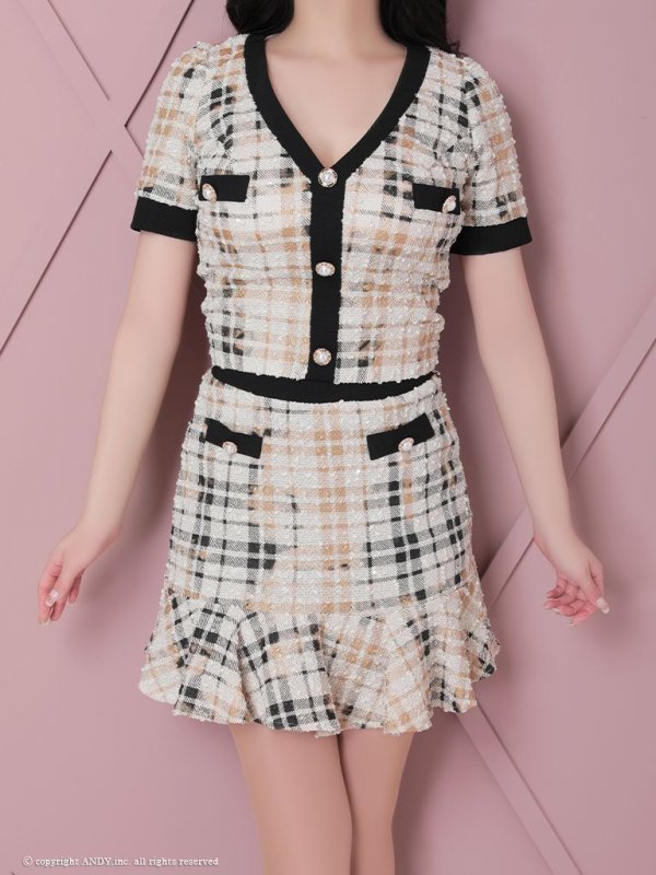 画像5: XSサイズあり【an/アン】ツイード/ チェック柄/ マーメイド/ ストレッチ/ 半袖/ 袖あり/ ボタン/ セットアップ/ ミニドレス/ キャバドレス[OF05]