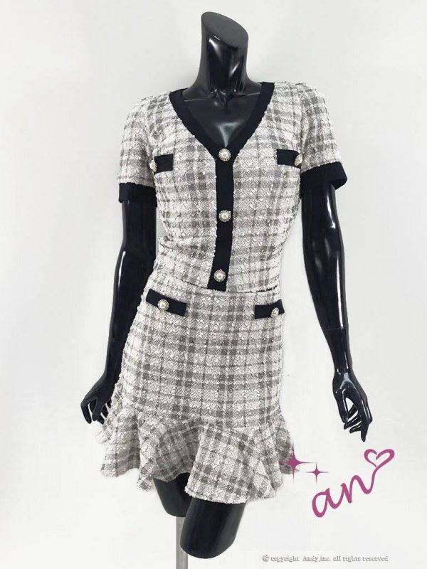 XSサイズあり【an/アン】ツイード/ チェック柄/ マーメイド/ ストレッチ/ 半袖/ 袖あり/ ボタン/ セットアップ/ ミニドレス/ キャバドレス[OF05]　ベージュxグレーチェック