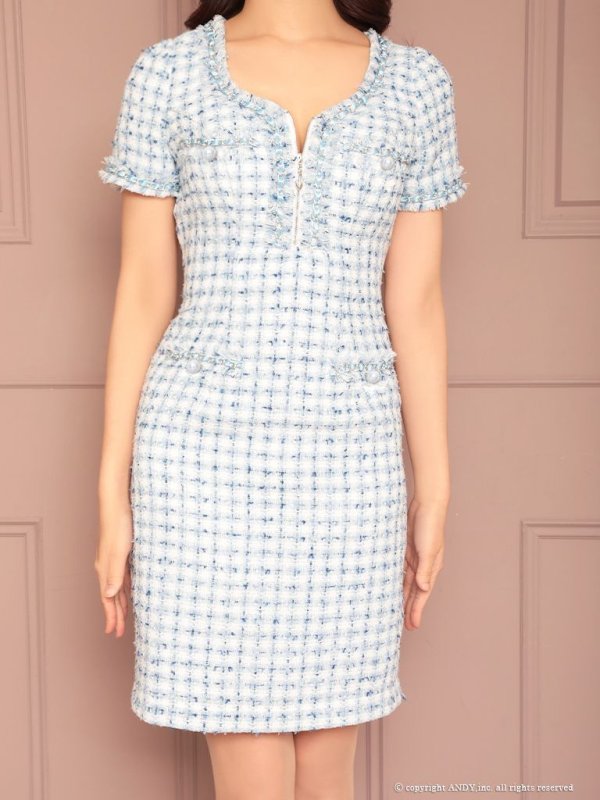 画像12: 【an/アン】ツイード/ チェック/ チェーンパイピング/ 半袖/ 袖あり/ フロントジップ/ タイト/ ミニドレス/ キャバドレス[OF05]