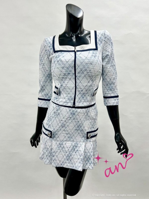 【an /アン】ツイード/ フロントジップ/ スクエアネック/ ストレッチ/ 七分袖/ 長袖/ 袖あり/ セットアップ/ プリーツ/ フレア/ ミニドレス/ キャバドレス[OF05]　ブルー