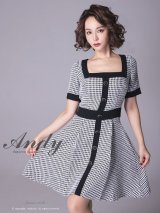 Lサイズあり【ANDY/アンディ】ツイード/ バイカラー/ 切り替えデザイン/ 半袖/ 袖あり/ スクエアネック/ ボタン/ フレア/ ミニドレス/ キャバドレス[FB03]