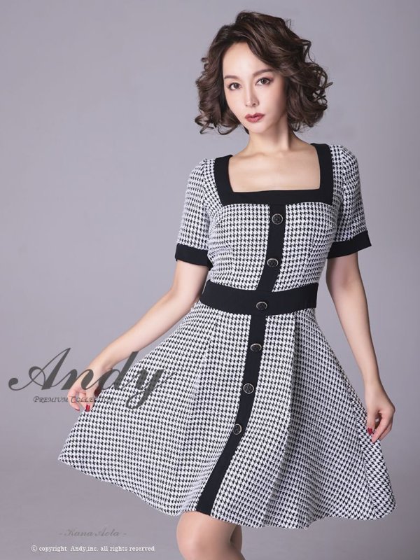 【ANDY/アンディ】ツイード/ バイカラー/ 切り替えデザイン/ 半袖/ 袖あり/ スクエアネック/ ボタン/ フレア/ ミニドレス/ キャバドレス[OF05]　千鳥ブラック