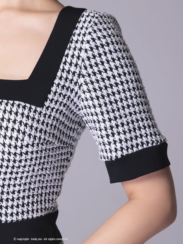 画像6: Lサイズあり【ANDY/アンディ】ツイード/ バイカラー/ 切り替えデザイン/ 半袖/ 袖あり/ スクエアネック/ ボタン/ フレア/ ミニドレス/ キャバドレス[FB03]