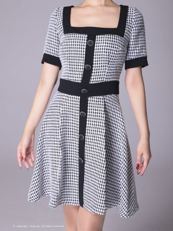 画像5: Lサイズあり【ANDY/アンディ】ツイード/ バイカラー/ 切り替えデザイン/ 半袖/ 袖あり/ スクエアネック/ ボタン/ フレア/ ミニドレス/ キャバドレス[FB03]