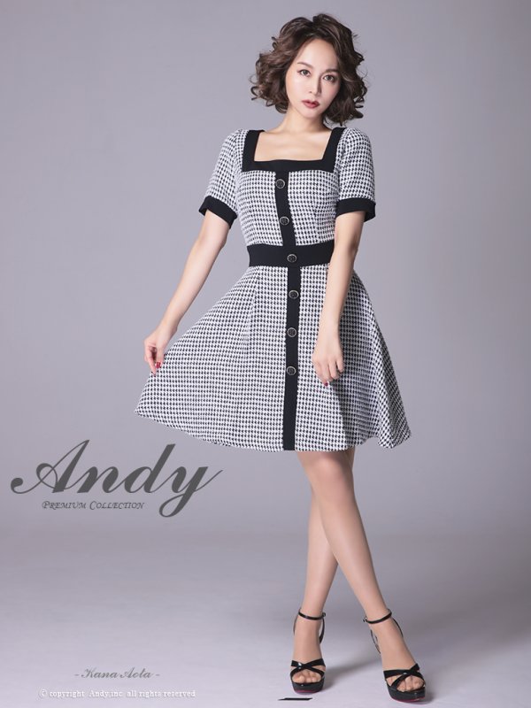 画像2: Lサイズあり【ANDY/アンディ】ツイード/ バイカラー/ 切り替えデザイン/ 半袖/ 袖あり/ スクエアネック/ ボタン/ フレア/ ミニドレス/ キャバドレス[FB03]