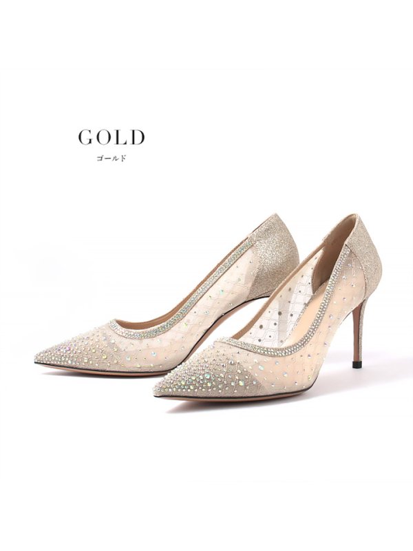 【COMEX】 3color/ 8cmヒール/ ラメ/ ラインストーン/ ピンヒール/ ポインテッドトゥ/ ハイヒール/ パンプス ゴールド