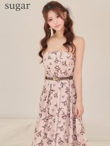 XS-Lサイズあり【DEA./ディア】Flower bear long dress/ 花柄/ フラワープリント/ ベア/ ウエストベルト/ ワンピース/ フレア/ ミディアムドレス/ キャバドレス long[OF08]