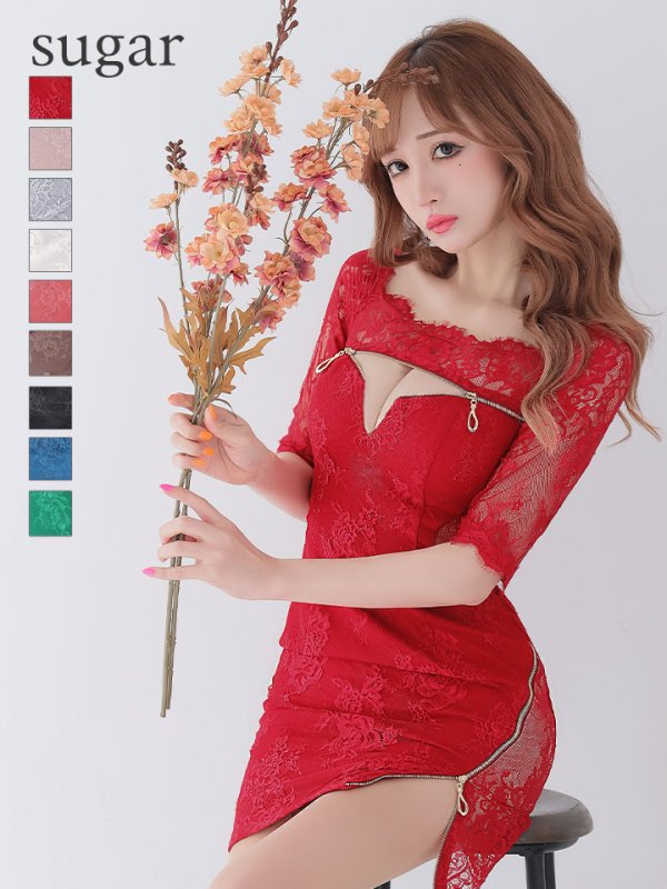 画像1: 【ROBE de FLEURS Glossy/ローブ・ド・フルール グロッシー】オフショル/ ジップ/ ZIPフロントジップ/ ZIP 袖あり/ タイト/ ミニドレス/ キャバドレス[OF2]