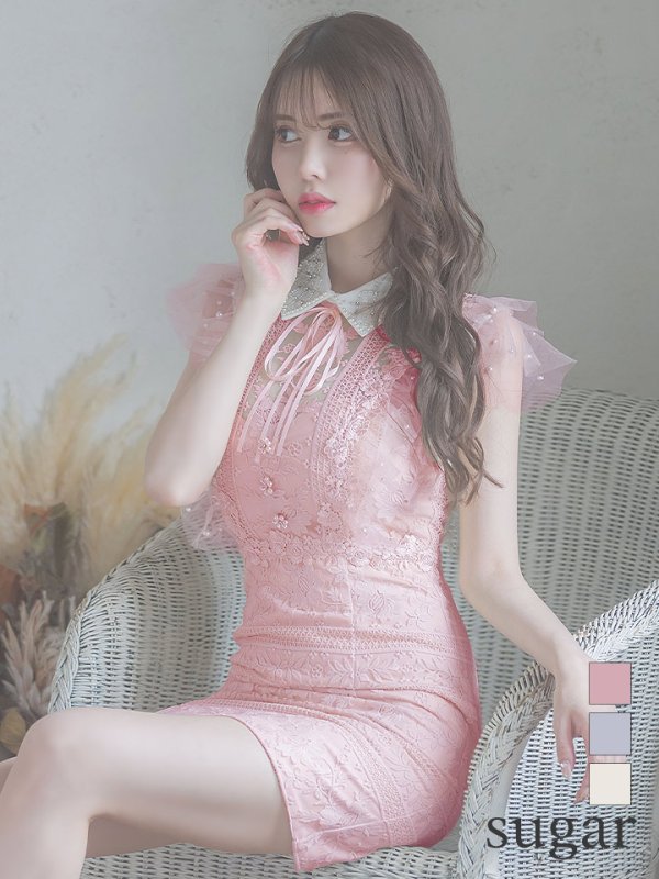 XSサイズあり【ROBE de FLEURS/ローブドフルール】ビジュー襟/ フラワーレース/ タイト/ ミニドレス/ キャバドレス　ピンク