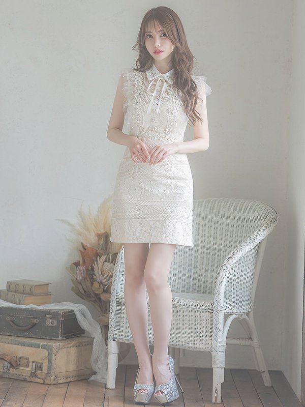 画像7: XSサイズあり【ROBE de FLEURS/ローブドフルール】ビジュー襟/ フラワーレース/ タイト/ ミニドレス/ キャバドレス[OF08]