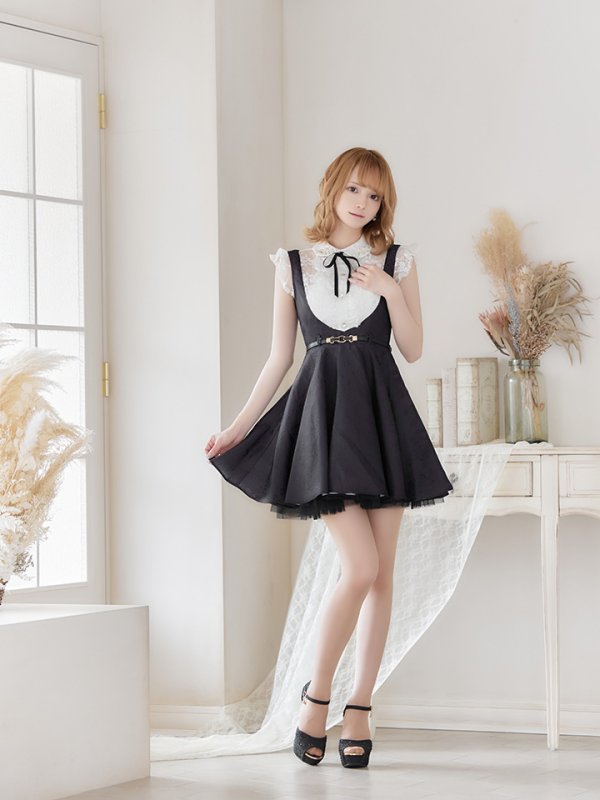 画像3: 【ROBE de FLEURS/ローブドフルール】パール/ ベルト付き/ラウンドカラー/ フレア/ ミニドレス/ キャバドレス ブラック[OF08]