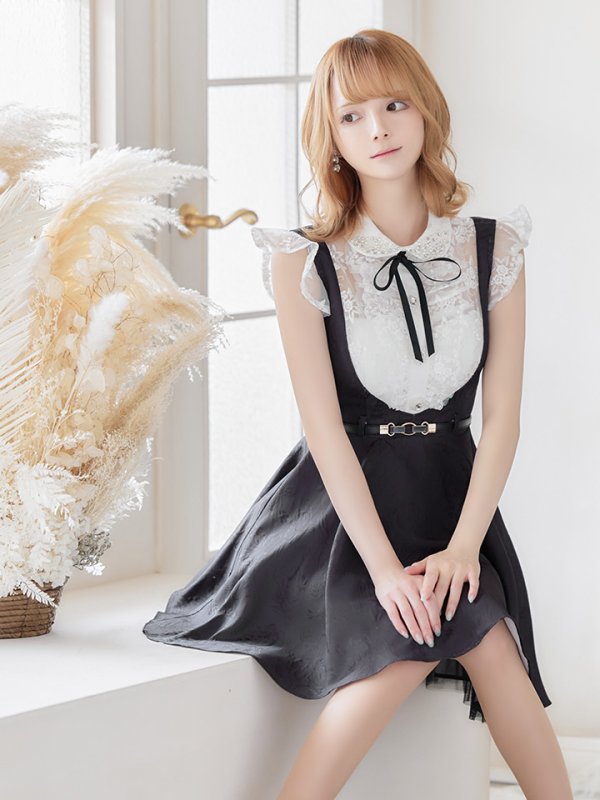 画像4: 【ROBE de FLEURS/ローブドフルール】パール/ ベルト付き/ラウンドカラー/ フレア/ ミニドレス/ キャバドレス ブラック[OF08]