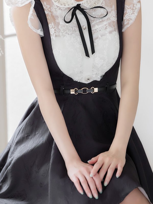 画像5: 【ROBE de FLEURS/ローブドフルール】パール/ ベルト付き/ラウンドカラー/ フレア/ ミニドレス/ キャバドレス ブラック[OF08]