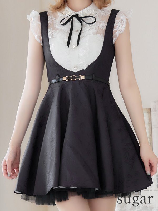 画像8: 【ROBE de FLEURS/ローブドフルール】パール/ ベルト付き/ラウンドカラー/ フレア/ ミニドレス/ キャバドレス ブラック[OF08]