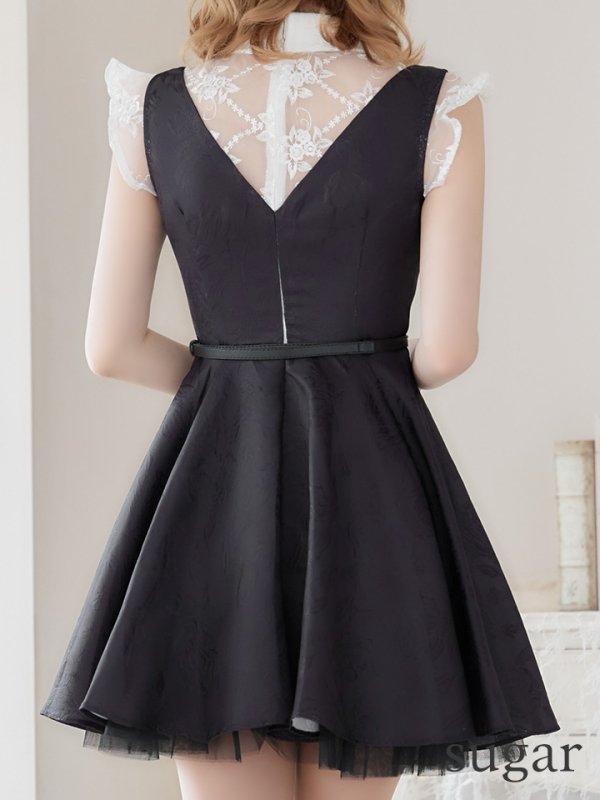 画像9: 【ROBE de FLEURS/ローブドフルール】パール/ ベルト付き/ラウンドカラー/ フレア/ ミニドレス/ キャバドレス ブラック[OF08]