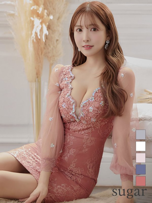 XSサイズあり【ROBE de FLEURS/ローブドフルール】長袖/ 袖あり/ チュールスリーブ/ スカラップカット/ ミニドレス/ キャバドレス　ベイクドピンク