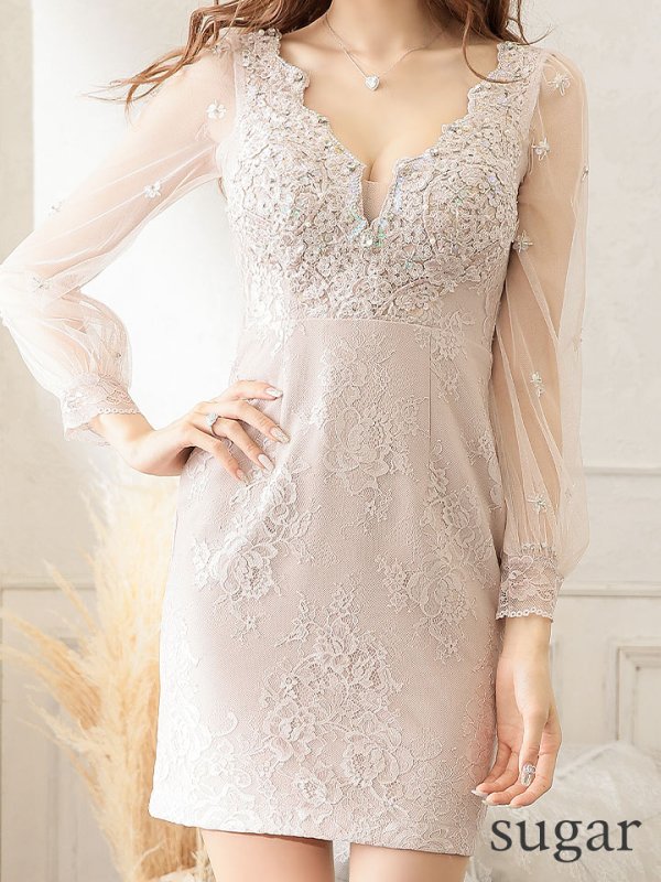 画像10: XSサイズあり【ROBE de FLEURS/ローブドフルール】長袖/ 袖あり/ チュールスリーブ/ スカラップカット/ ミニドレス/ キャバドレス[OF08]