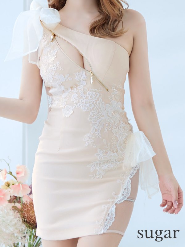 画像8: XSサイズあり【ROBE de FLEURS/ローブドフルール】ジップ / ZIP/ シフォンリボン/ ワンショル/ サイドシアー/ タイト/ レースクリスタルドレス/ ミニドレス/ キャバドレス[OF08]