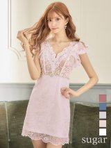 XS〜Lサイズあり【ROBE de FLEURS/ローブドフルール】ウエストビジュー/ シースルーレース/ フリルスリーブ/ 台形スカート/ ミニドレス/ キャバドレス