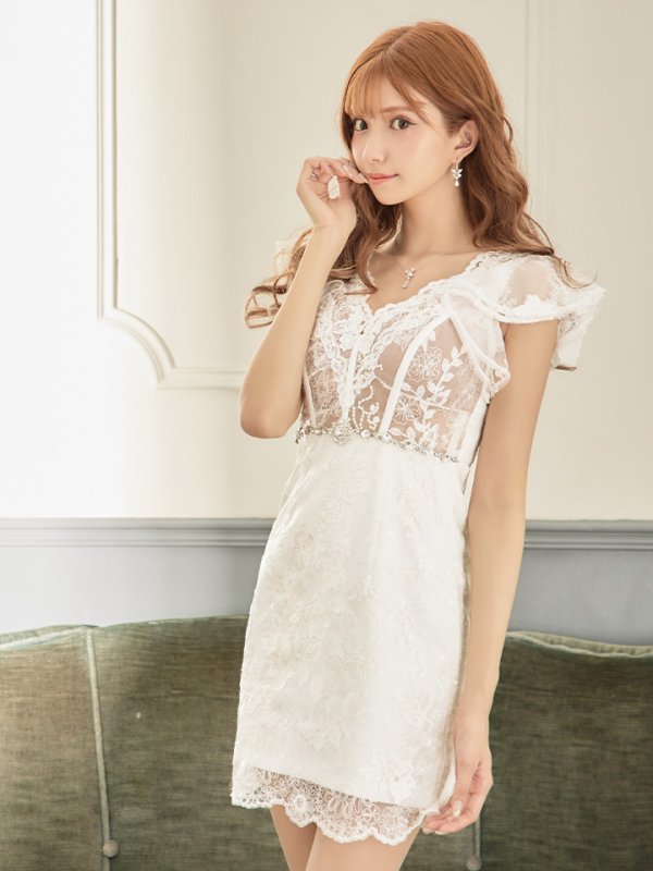 画像6: XS〜Lサイズあり【ROBE de FLEURS/ローブドフルール】ウエストビジュー/ シースルーレース/ フリルスリーブ/ 台形スカート/ ミニドレス/ キャバドレス[OF08]