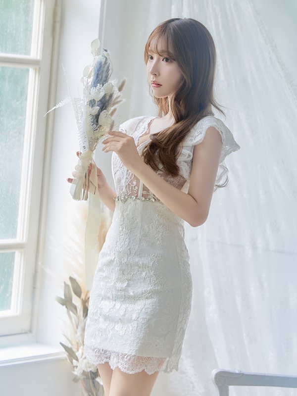 画像3: XS?Lサイズあり【ROBE de FLEURS/ローブドフルール】ウエストビジュー/ シースルーレース/ フリルスリーブ/ 台形スカート/ ミニドレス/ キャバドレス ピンク[OF08]